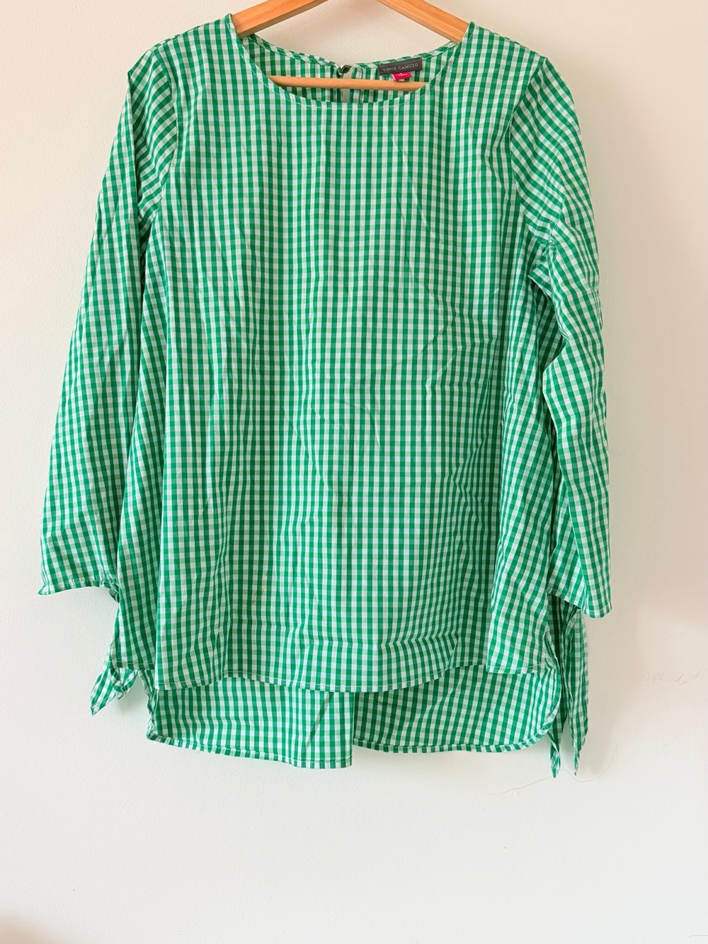 Green and White Gingham Long Sleeve Top